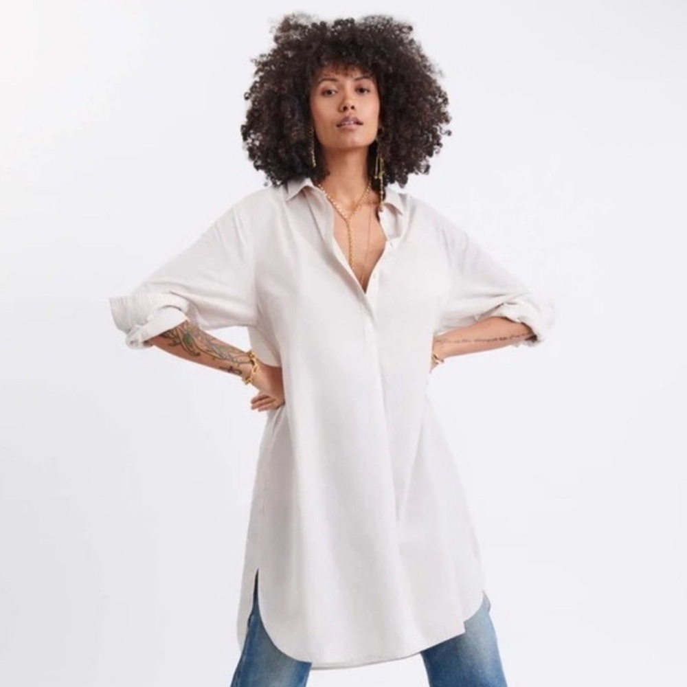 Mersea Essential Collar Popover Shirt Dress Beige White Stripes Size L/XL